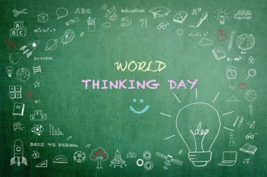 Dünya Düşünme Günü öğretmenimizin tahtasında okul ya da iş karatahtasında düşünülen büyük yaratıcı fikir ampulüyle karşılanıyor.
