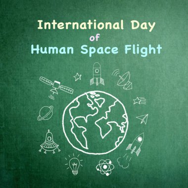 Uluslararası insan uzay uçuş duyurusu grunge yeşil karatahta çizimi 
