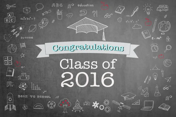 Graduation congratulations class of 2016 greeting announcement for educational congrats card with student\'s cap doodle on school black teachers chalkboard background