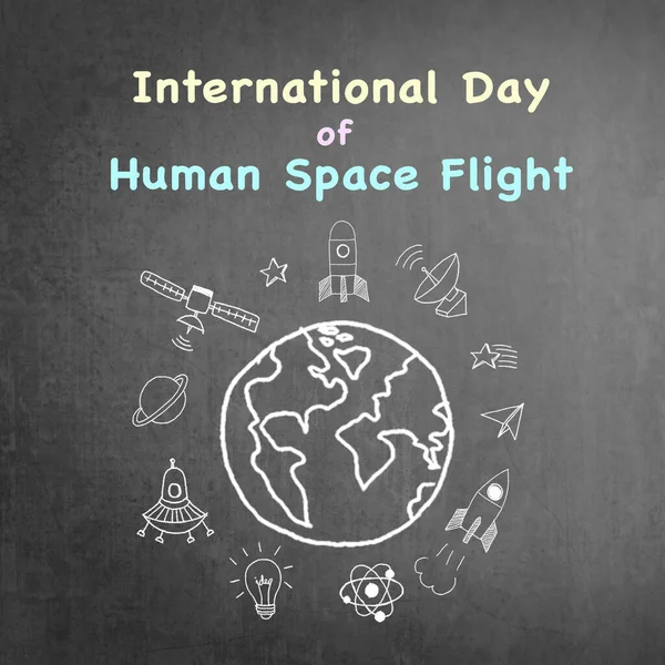Uluslararası Insan Uzay Uçuş Duyurusu Günü Grunge Siyah Karatahta Çizimi — Stok fotoğraf