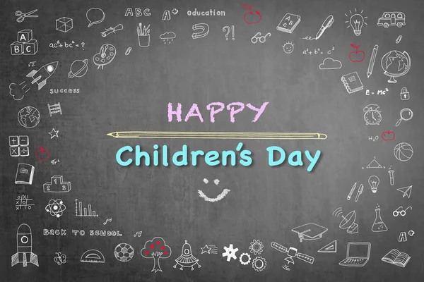 Feliz Dia Das Crianças Cumprimentando Com Doodle Quadro Preto Para — Fotografia de Stock