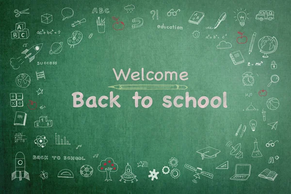 Educational Back School Concept Doodle Freehand White Chalk Drawing Green — Stock Photo, Image