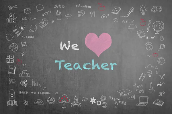 教师节的概念和我们一起喜欢用涂鸦在黑板上向老师致意 — 图库照片