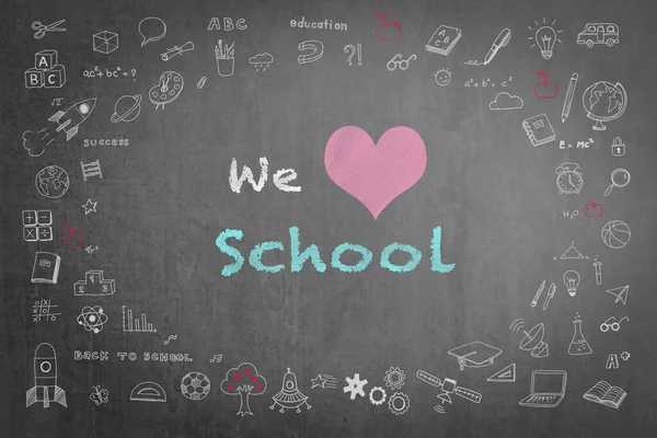 Milujeme Školní Pozdrav Černé Tabuli Čmáranicemi Pro Návrat Školy Měsíc — Stock fotografie