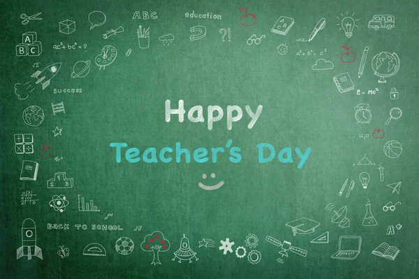 Happy teacher\'s day greeting on green chalkboard with doodle