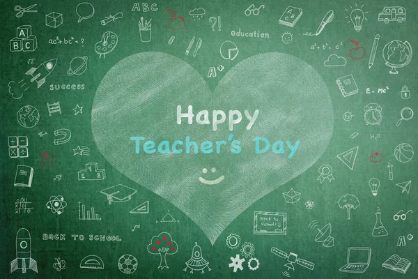 Happy teacher\'s day concept on green chalkboard with doodle