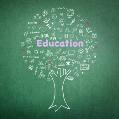 Bilgi ağacı ve eğitim kavramı karalamalı yeşil karatahta 