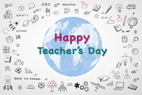 Happy world teacher's day concept with doodle on white watercolor paper