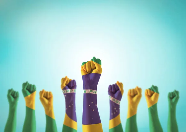Brazil Flag People Hands Clenched Fists Raising Labor Day Republic — Stock Photo, Image