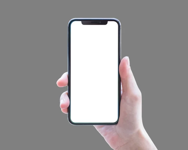 Smartphone Woman Hand Isolated Grey Background Blank White Screen Clipping — Stock Photo, Image