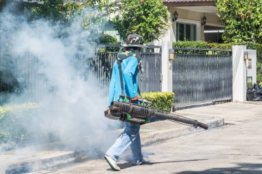 Sivrisinek buğulama spreyi ve böcek ilacı kontrolünün sıtmayı durdurması ve salgın hastalığını önlemesi için işçilerin kimyasal püskürtücü duman püskürtmesi.