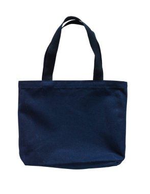 Tote bag pamuk kumaş kumaş koyu lacivert renk eko omuz alışveriş çuvalı boş şablon beyaz arka planda izole (kırpma yolu))