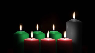 Kwanzaa holiday background with candle light of seven candle sticks in black, green, red symbolising 7 principles of African Heritage (Nguzo Saba) for African-American cultural celebration clipart