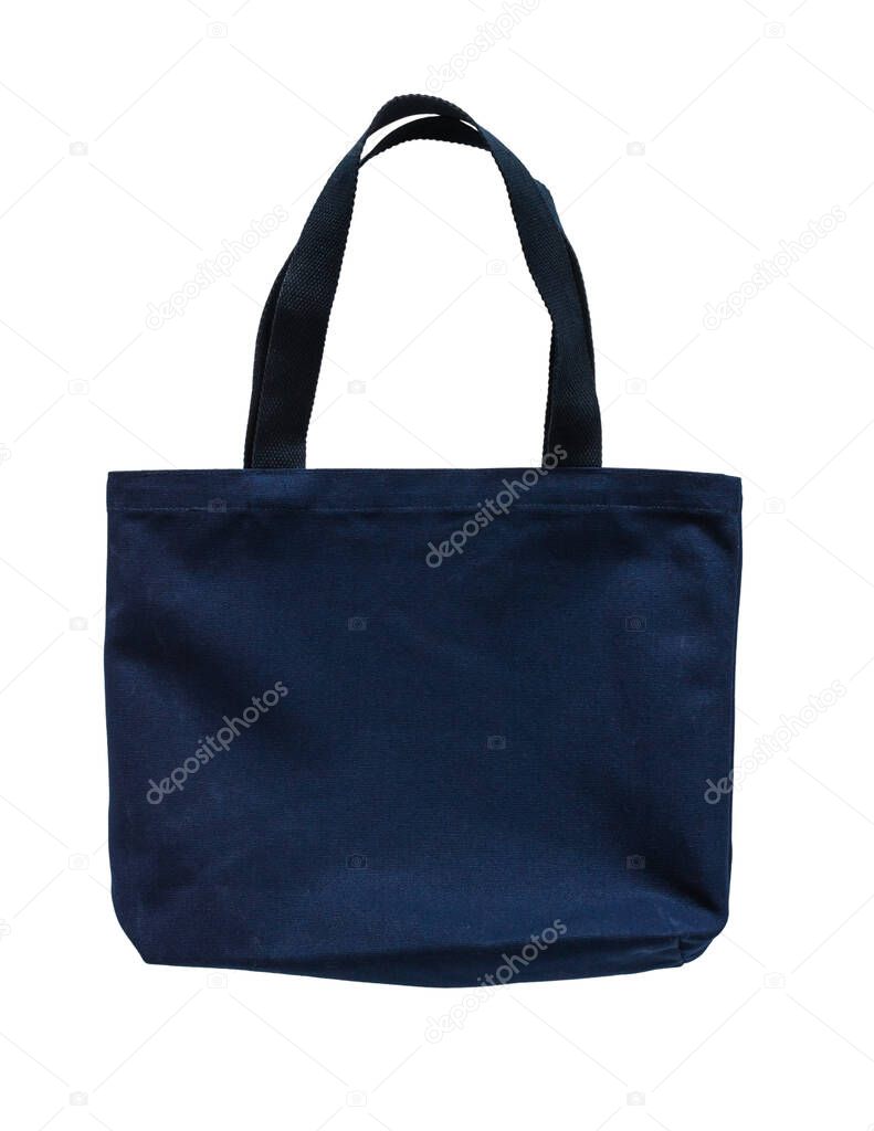 Tote bag canvas cotton fabric cloth in dark navy blue color for eco shoulder shopping sack mockup blank template isolated on white background (clipping path)