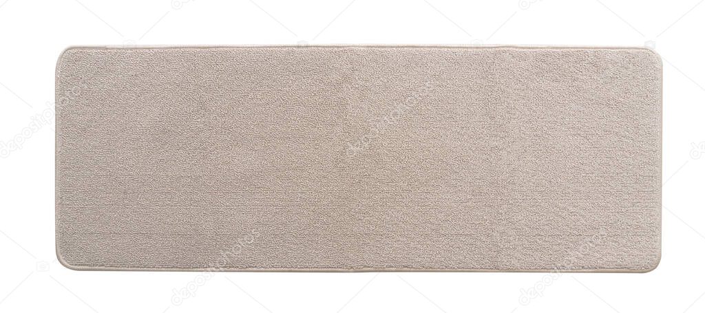 Carpet rug floor mat in beige color (isolated with clipping path) on white background in long rectangular shape flat lay from top view for kitchen flooring mock-up and door mat rug mockup template