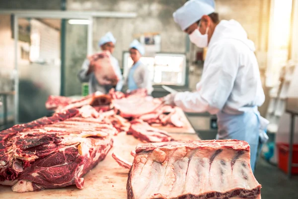 Grupo Açougueiros Amigos Trabalha Matadouro Corta Carne Crua — Fotografia de Stock