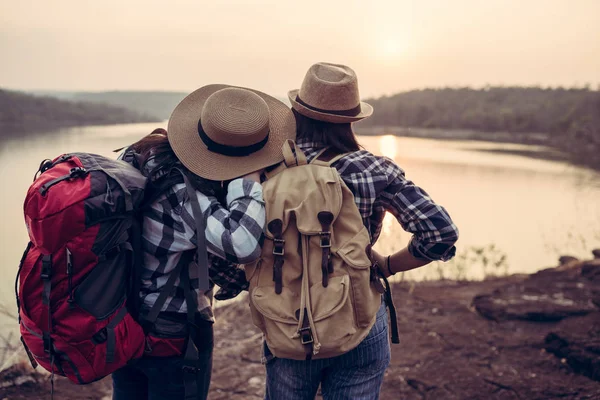 Young hipster women couple travelling in the national park — 스톡 사진