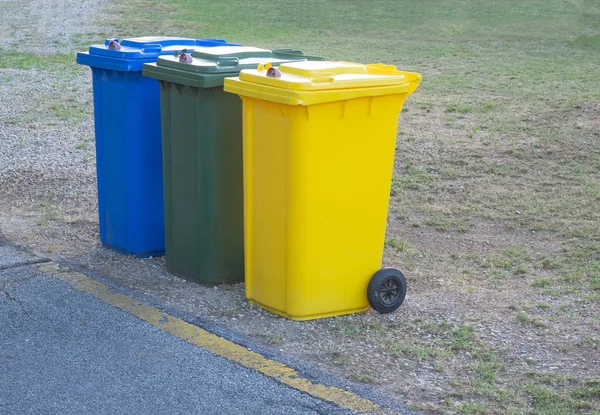 lockable  recycle trash bins (blue, green, yellow)