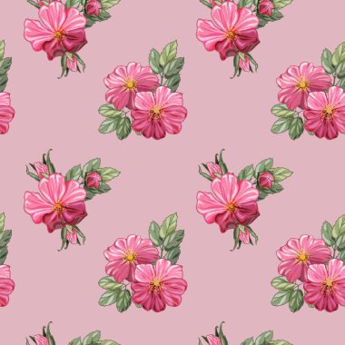 Pembe yaban gülleri ile kusursuz desen. Çiçek tasarımı için sonsuz doku.