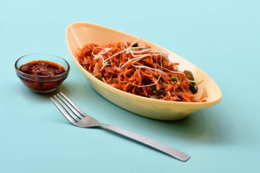 Schezwan Noodles veya Mançurya Hakkası veya sebze Hakka Eriştesi veya chow mein, bir kasede servis edilen popüler bir hindistancevizi yemeğidir. Hint yemeği, seçici odaklanma.