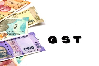 GST kavramı, GST alfabesi para geçmişi, iş ve finans kavramı fikri, Hindistan para birimi, Hindistan parası, Hindistan parası, iş dünyası, finans, yatırım, tasarruf ve yolsuzluk - görüntü