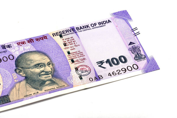 New Indian currency of 100 rupee note on white isolated background, Indian Currency, Rupee, Indian Rupee,Indian Money