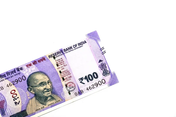 Nowa Waluta Indyjska 100 Rupii Nuta Białym Tle Izolowanym Waluta — Zdjęcie stockowe