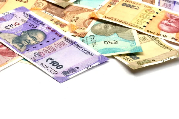 Nya Indiska Pengar Över Vit Isolerad Bakgrund Indisk Valuta Rupier — Stockfoto