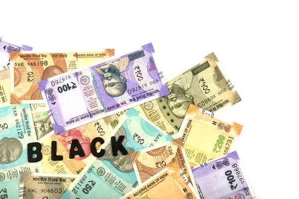 Black Money Concept Black Abphabet Money Background Indian Currency Rupee — Stock fotografie