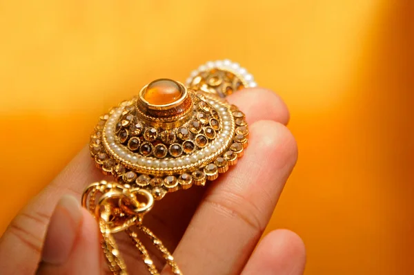 Diamante Piedras Colgante Con Cadena Oro Joyas Tradicionales Indias — Foto de Stock