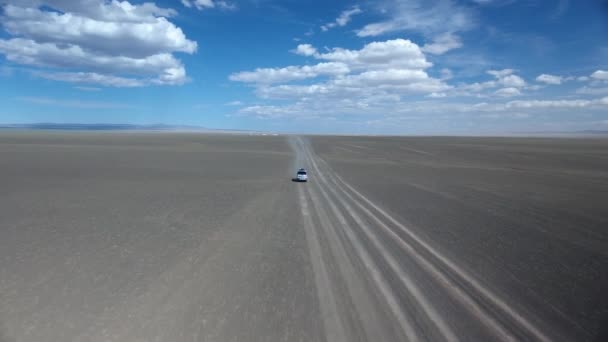 Letecký Dron Střílel Dodávkou Jedoucí Opuštěné Silnici Mongolsku Slunečné Odpoledne — Stock video