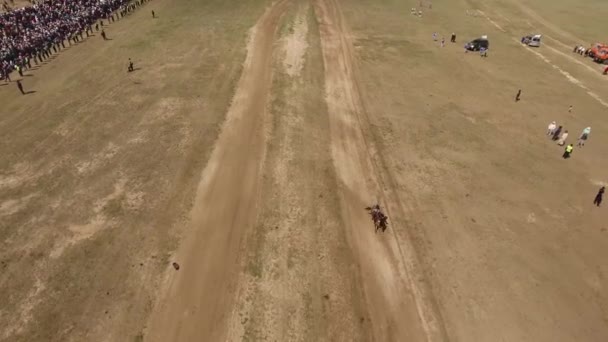 Letecký Dron Výstřel Cílové Čáře Naadam Dostihy Mongolsku — Stock video