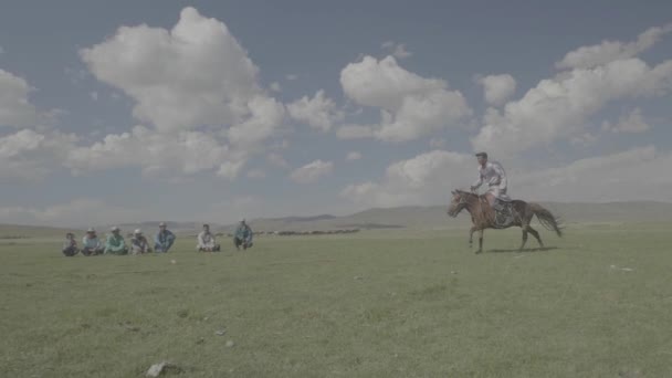 Homem pegando um pau de madeira no chão enquanto monta um cavalo câmera lenta — Vídeo de Stock