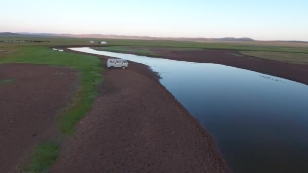 Russian Van Crossing River Aerial Drone Shot Sunrise Time Mongolia — Stock Video