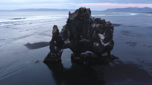 雄大なHvtserkurの周りを飛ぶ 北西アイスランドの15メートルの高モノリスや海スタック 空中風景 — ストック動画
