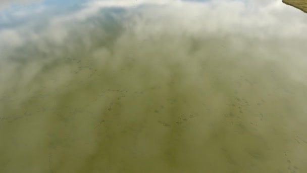 アイスランドのミヴァトン湖上空を空中ドローンが飛んでいます 低高度飛行 水の反射 曇った午後 — ストック動画