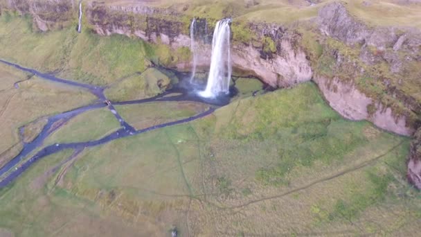 Aerial Drone Shot Seljalandsfoss Waterfall South Iceland Beautiful Waterfall You — Stock Video