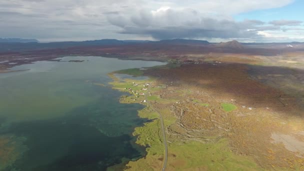 Aerial Drone Shot Flying Myvatn Lake Shore Iceland High Altitude — Stock Video