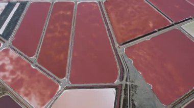Aigue-Mortes 'de tuz yürüyüşleri, pembe su. Hava aracı görünümü