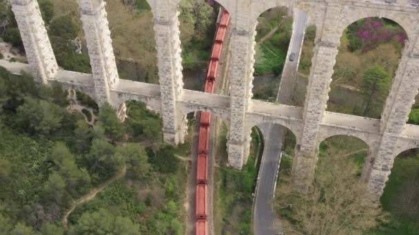 Treno Merci Che Passa Sotto Ponte Acquedotto Roquefavor Francia Vista — Video Stock