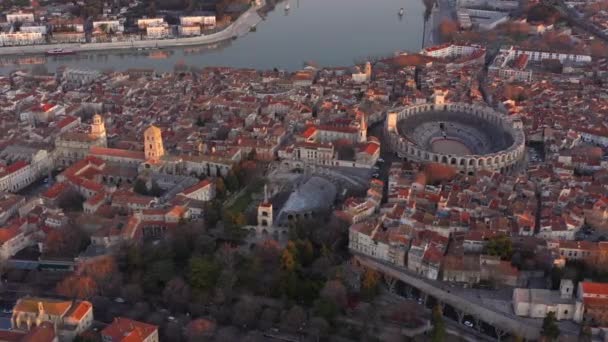 Arles Luchtfoto Met Rhone Rivier Tijdens Zonsopgang Frankrijk Camargue — Stockvideo