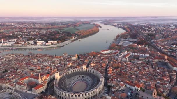 Rhone River Large Aerial View Arles Southern City France — Stock Video