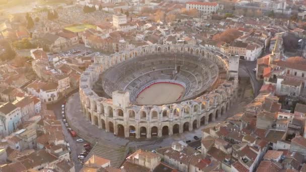 Arles Roman Amphitheater Amazing Aerial Sunrise Shot France Tourist Attraction — Stock Video