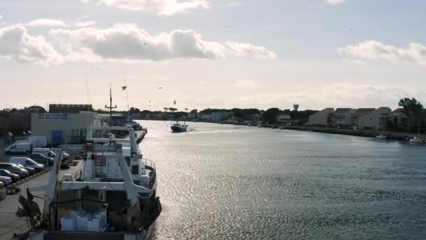 渔船抵达Grau d'adge拍卖鱼市场空中无人驾驶飞机拍摄阳光灿烂 — 图库视频影像