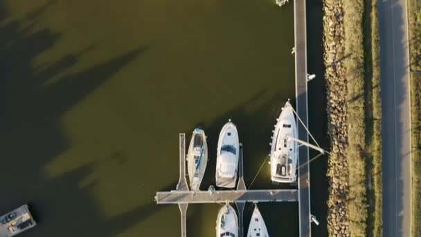 Vertikale Drohnensicht über angedockte Segelboote im Hafen von Chichoulet — Stockvideo