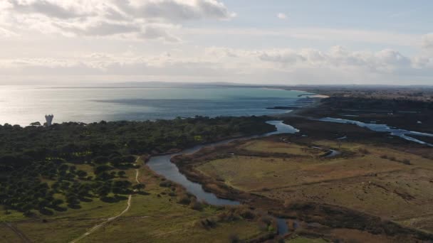 Sungai dengan lahan basah dan pohon pinus di sekitar akan ke laut Mediterania udara — Stok Video