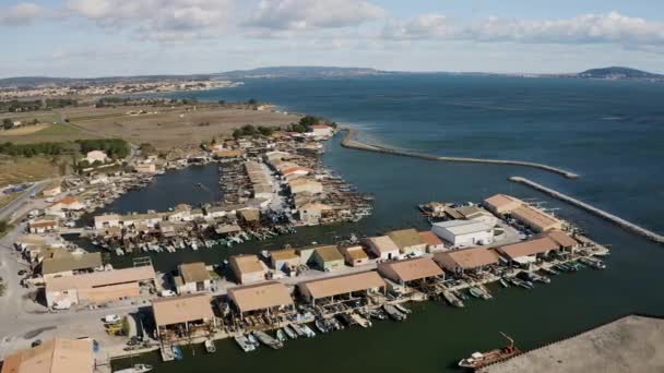 Verticaal zicht vanuit de lucht op de grootste schelpdierhaven van Frankrijk Mourre Blanc Thau — Stockvideo