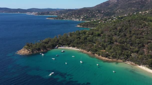 Boat Arriving Layet Beach Mediterranean Coastline Lavandou France Sunny Day — Stock Video