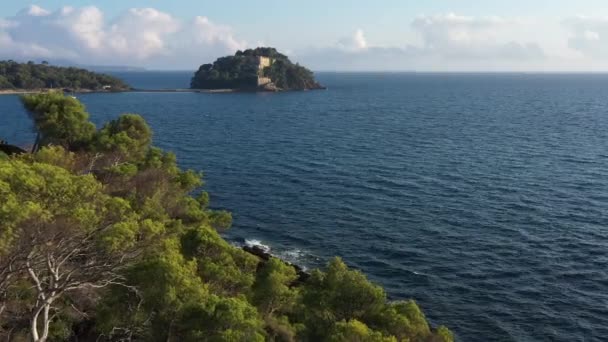 地中海の島デブレガノン砦晴れた日の空中で前景に松の木 — ストック動画