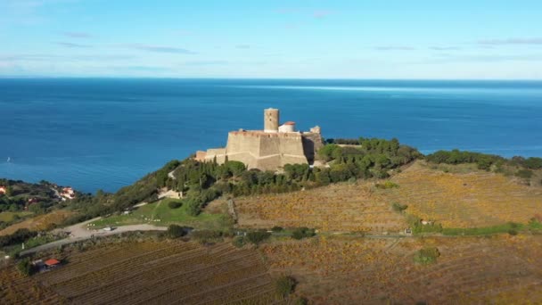 Fortification Saint-elme on a hill αεροφωτογραφία Collioure city catalan Γαλλία — Αρχείο Βίντεο